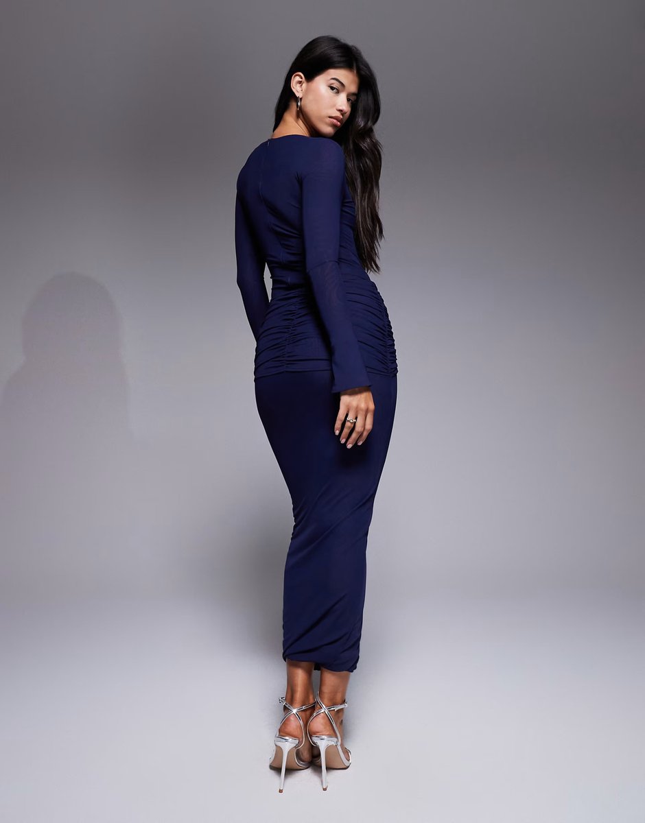 ASOS Ruched & Ready mesh ruched drape detail bodycon maxi skirt co-ord in navy - 4