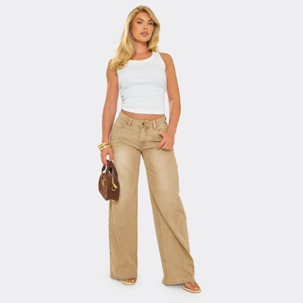 EGO Low Rise Wide Leg Jeans In Washed Stone Denim, Women's Size UK 12