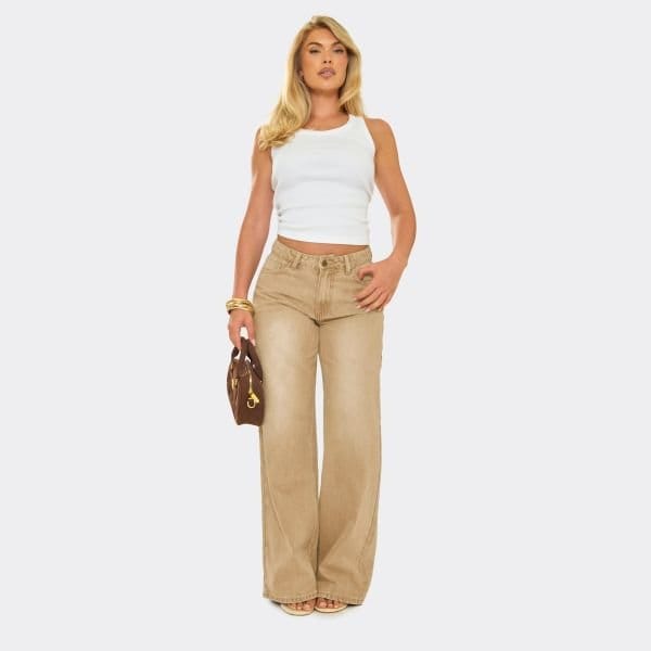EGO Low Rise Wide Leg Jeans In Washed Stone Denim, Women's Size UK 12 - 2
