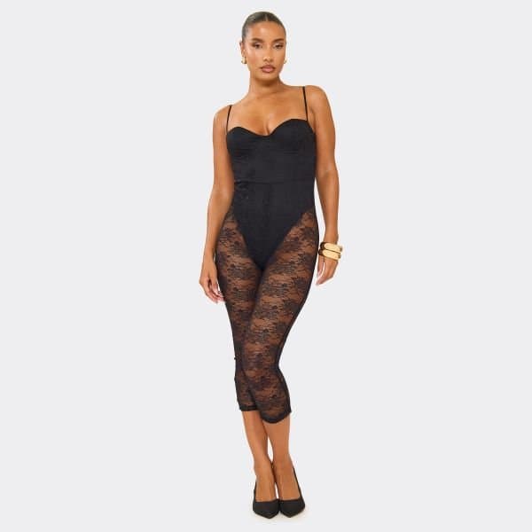 EGO Strappy Underwire Bodysuit Detail Capri Jumpsuit In Black Lace, Women's Size UK 6