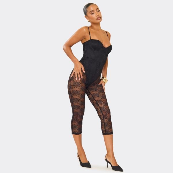 EGO Strappy Underwire Bodysuit Detail Capri Jumpsuit In Black Lace, Women's Size UK 6 - 2