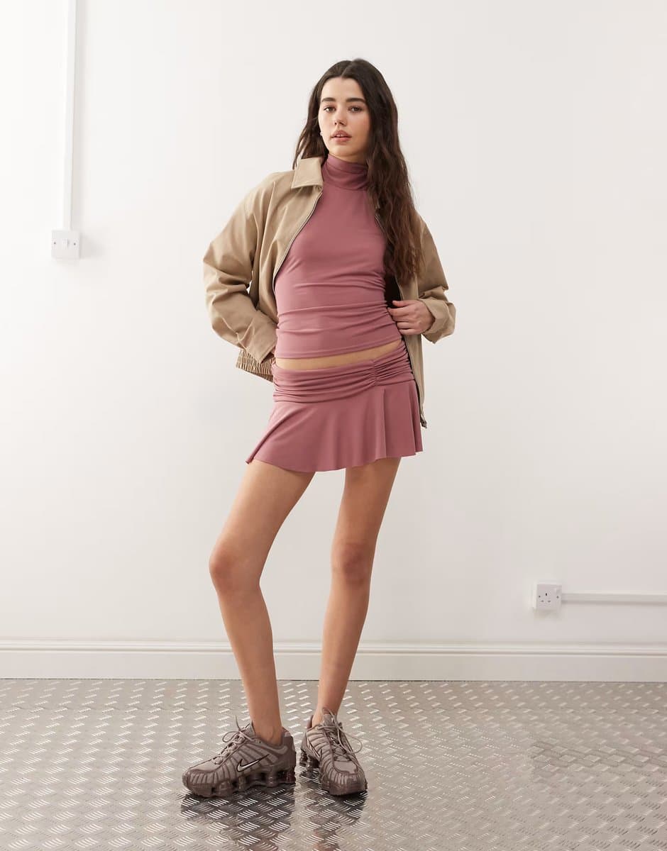 ASOS COLLUSION soft slinky micro mini ruched skirt in rose co-ord