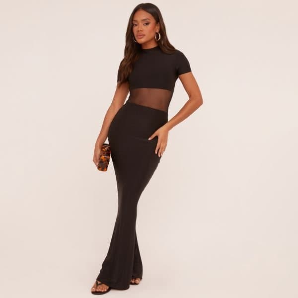 EGO Short Sleeve High Neck Mesh Insert Maxi Dress In Black Slinky, Women's Size UK 12