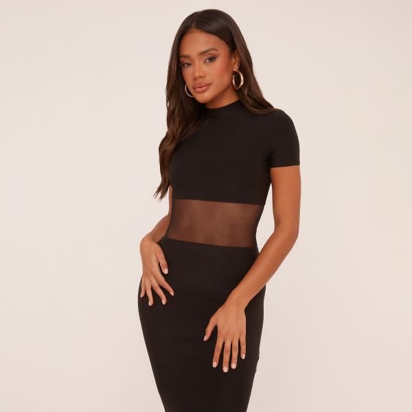 EGO Short Sleeve High Neck Mesh Insert Maxi Dress In Black Slinky, Women's Size UK 12 - 2