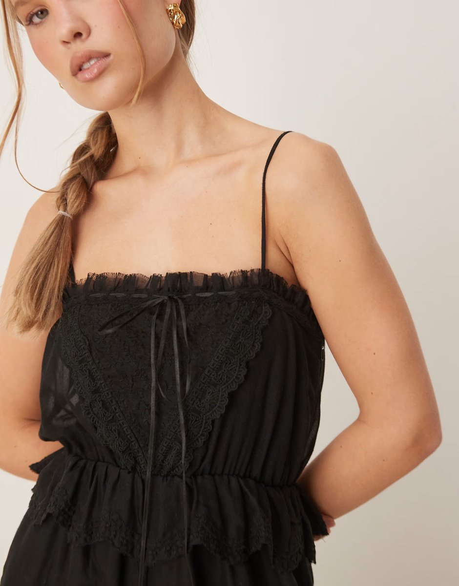 ASOS ASOS DESIGN embroidered cami ribbon detail in jumpsuit in black - 3