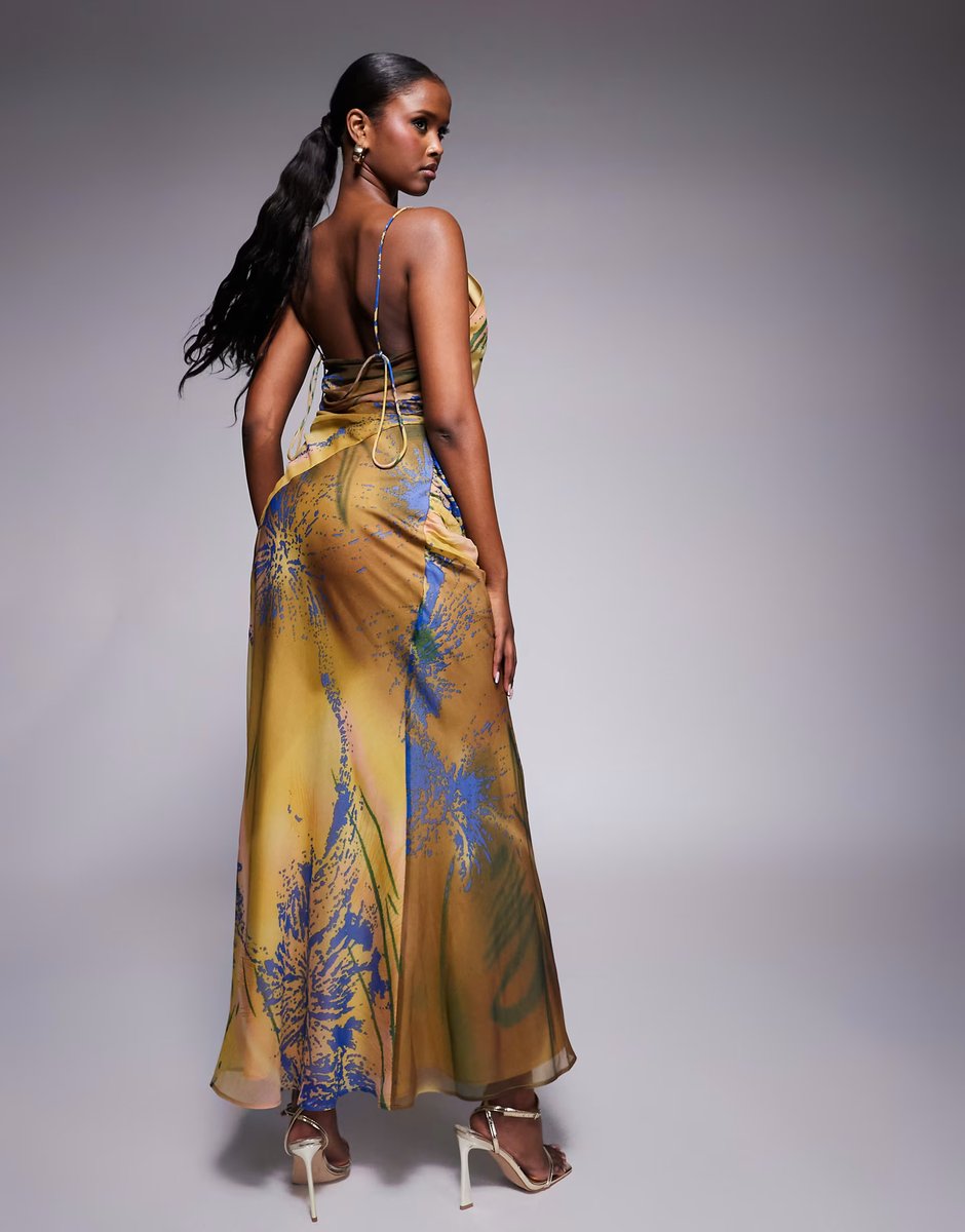 ASOS ASOS DESIGN racer strappy maxi dress with draped skirt in abstract floral print - 3