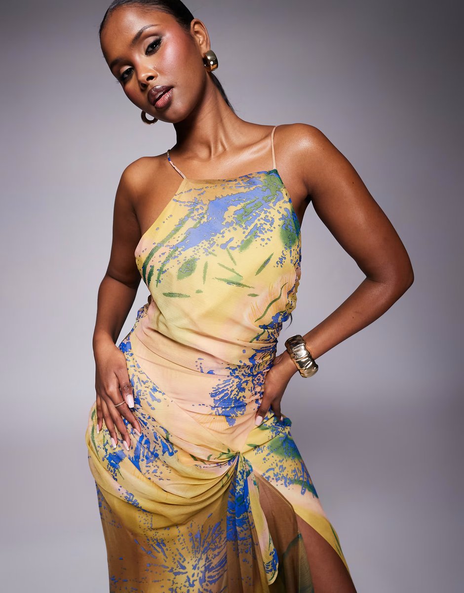 ASOS ASOS DESIGN racer strappy maxi dress with draped skirt in abstract floral print - 4