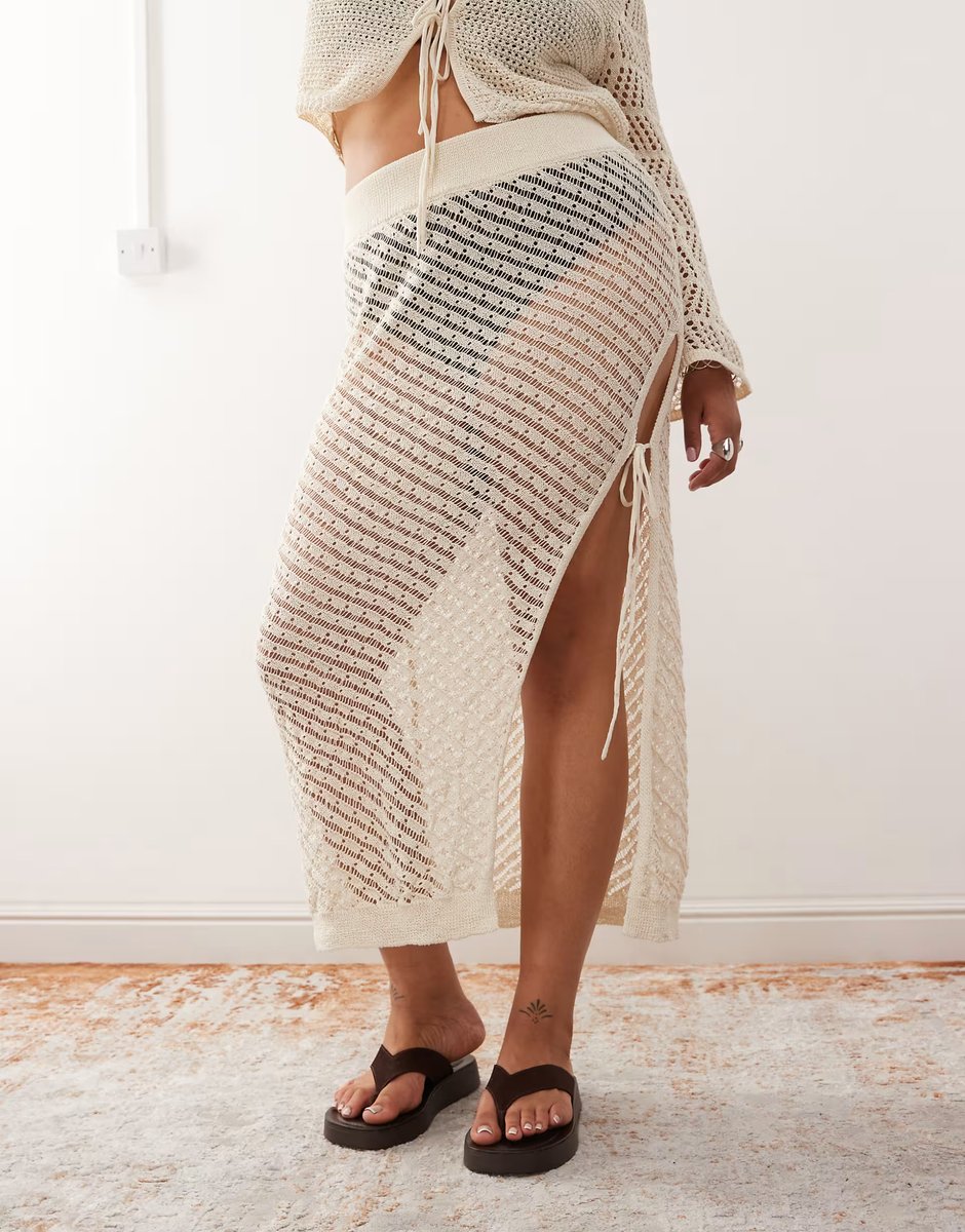 ASOS Noisy May Curve crochet tie detail maxi skirt co-ord in beige - 2