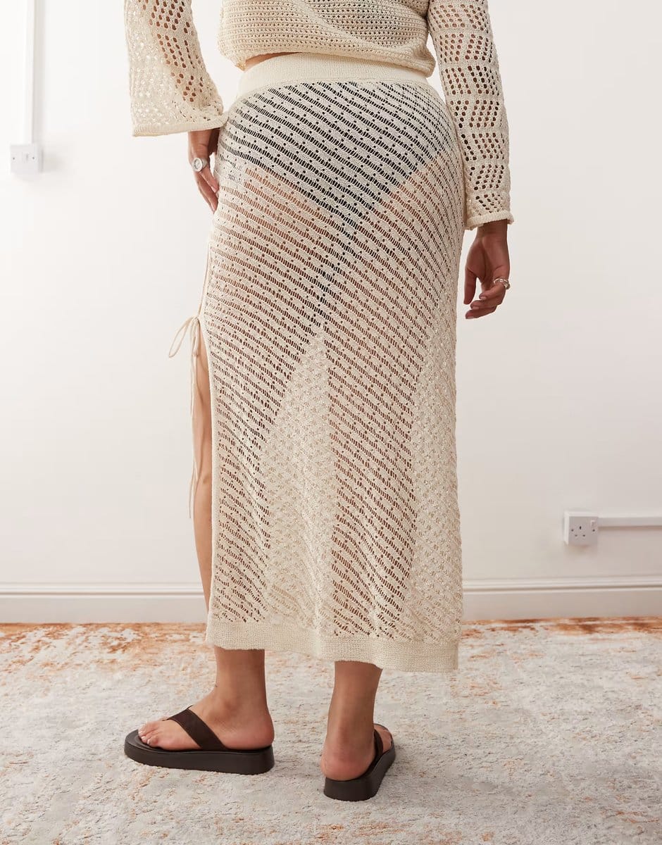 ASOS Noisy May Curve crochet tie detail maxi skirt co-ord in beige - 4
