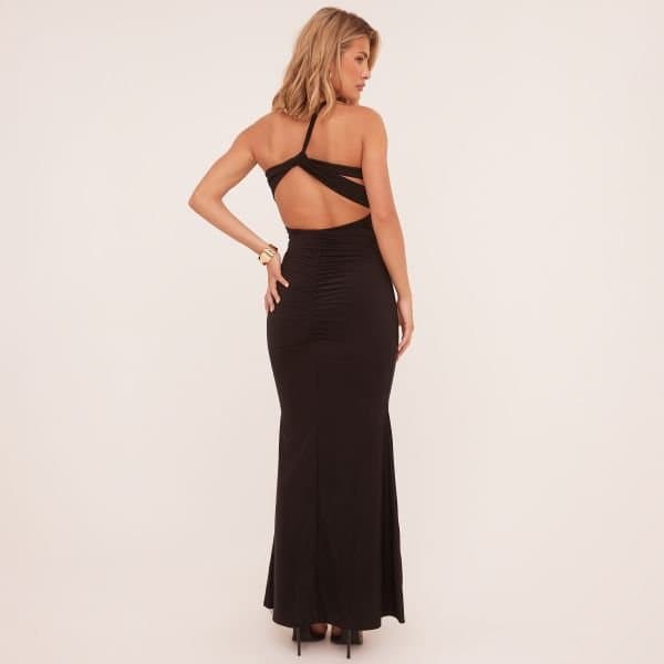 EGO One Shoulder Strappy Open Back Ruched Bum Maxi Dress In Black Slinky, Women's Size UK 10