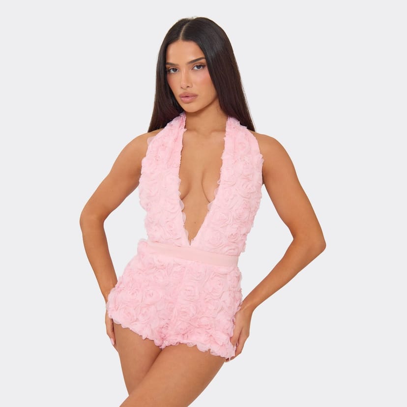 EGO Plunge Halter Neck Playsuit In Pink Floral Applique, Women's Size UK 6 - 1