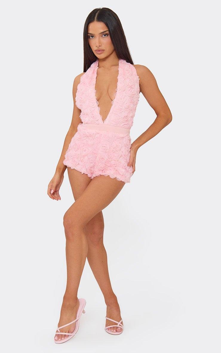 EGO Plunge Halter Neck Playsuit In Pink Floral Applique, Women's Size UK 6 - 2