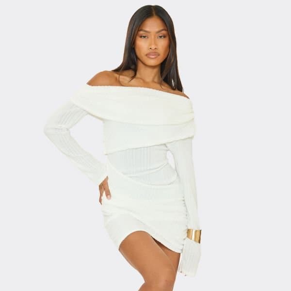 EGO Asymmetric Neck Overlay Mini Dress In Cream Rib, Women's Size UK 6