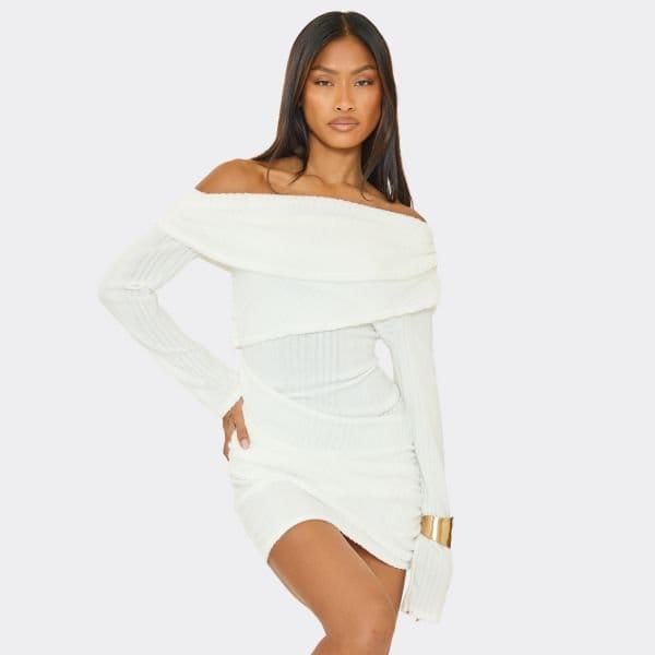 EGO Asymmetric Neck Overlay Mini Dress In Cream Rib, Women's Size UK 6 - 1