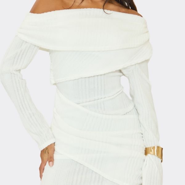 EGO Asymmetric Neck Overlay Mini Dress In Cream Rib, Women's Size UK 6 - 2