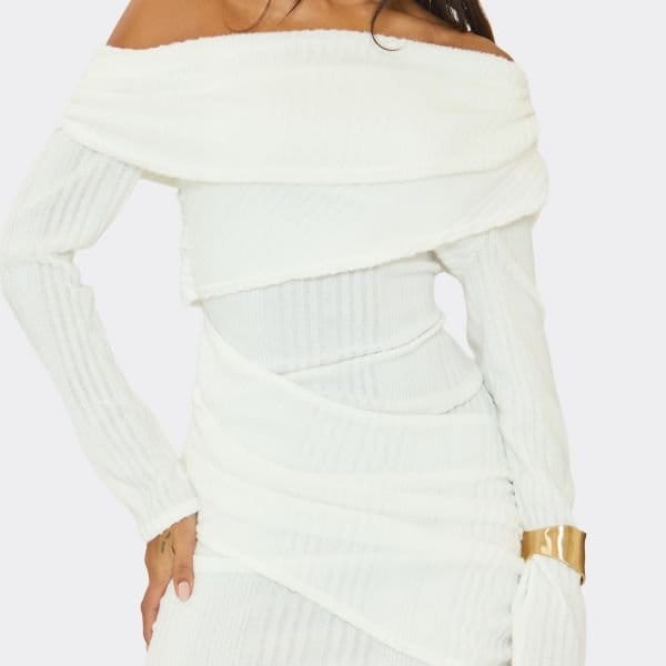 EGO Asymmetric Neck Overlay Mini Dress In Cream Rib, Women's Size UK 6 - 2