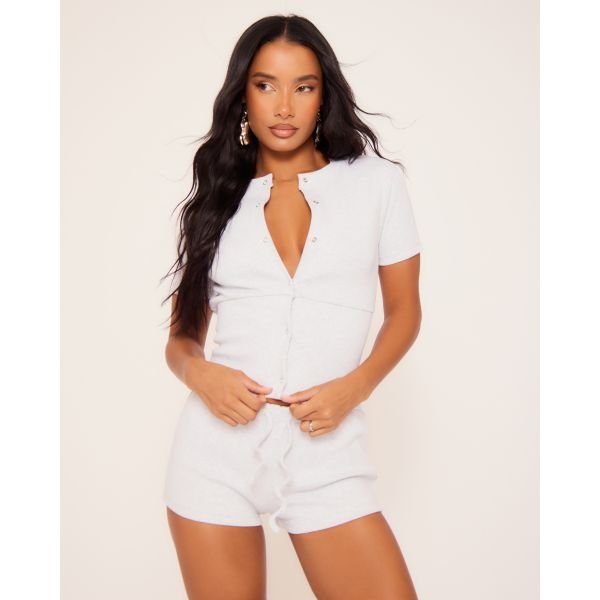 EGO Short Sleeve Popper Button Up Front Fitted Top In Grey Ribbed, Women's Size UK 10 - 2