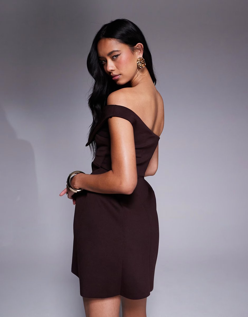 ASOS ASOS DESIGN  manipulated fold over bandeau mini dress with boxy pleat skirt in chocolate in scuba-style fabric - 4