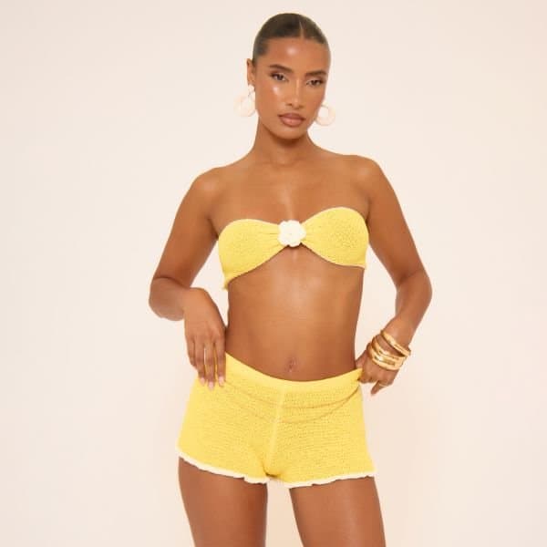 EGO Bandeau Contrast Flower Trim Detail In Yellow Crochet Knit, Women's Size UK Large L