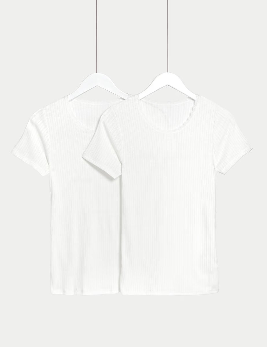 Marks & Spencer M&S 2 Pack Medium Warm Thermal Short Sleeve Pointelle Tops White - 1