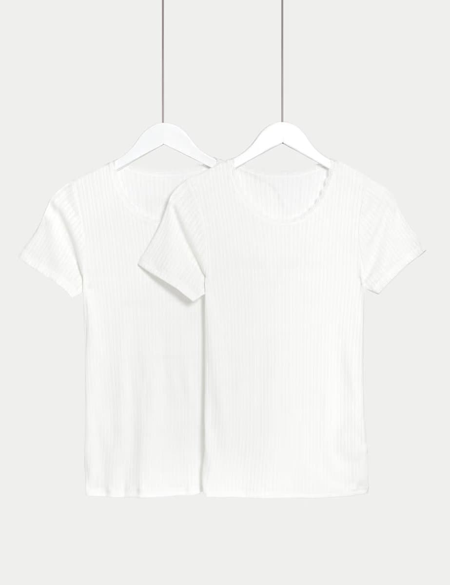 Marks & Spencer M&S 2 Pack Medium Warm Thermal Short Sleeve Pointelle Tops White