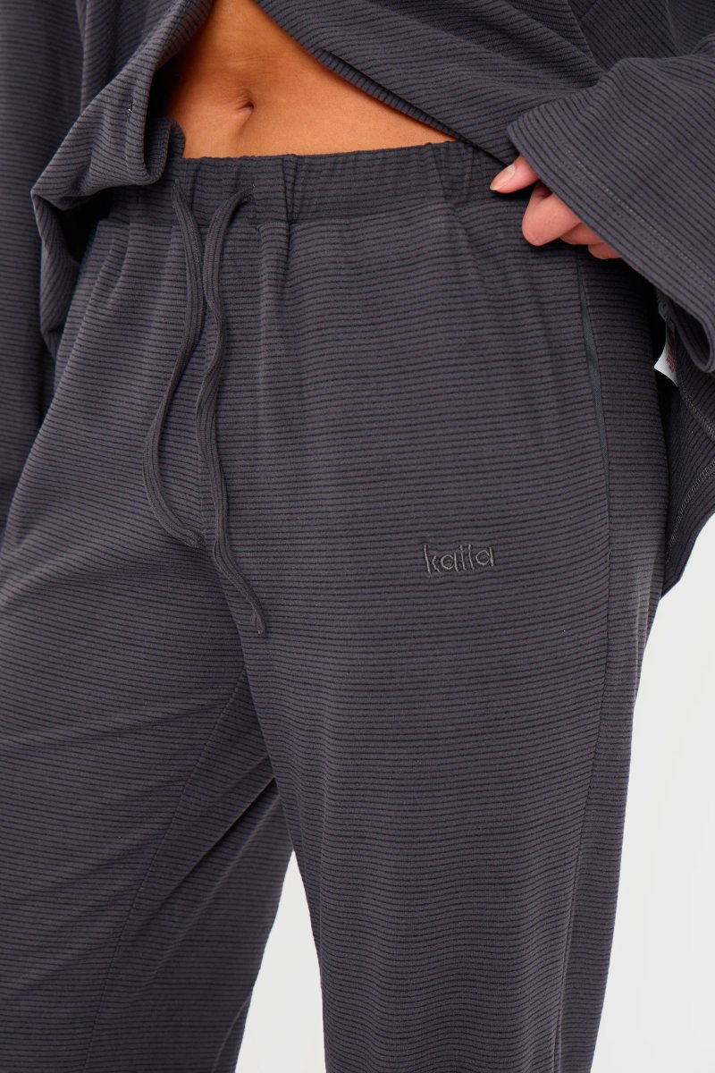 Kaiia Kaiia Striped Fleece Drawstring Wide Leg Trousers Navy & Black - 2