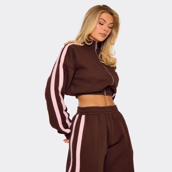 EGO Long Sleeve Contrast Stripe Essential Graphic Zip Up Jacket In Brown, Women's Size UK 4