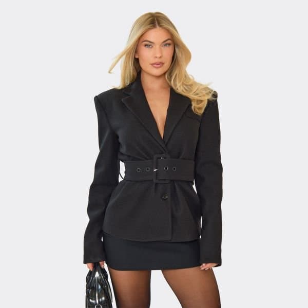 EGO Belted Cinched Waist Wool Look Blazer Jacket In Black, Women's Size UK 6