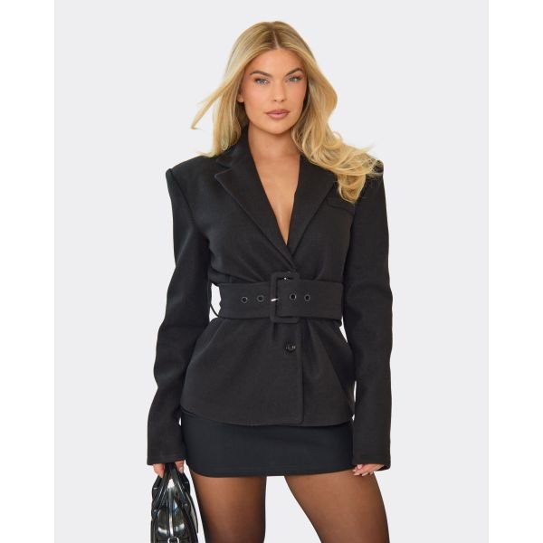 EGO Belted Cinched Waist Wool Look Blazer Jacket In Black, Women's Size UK 6 - 2