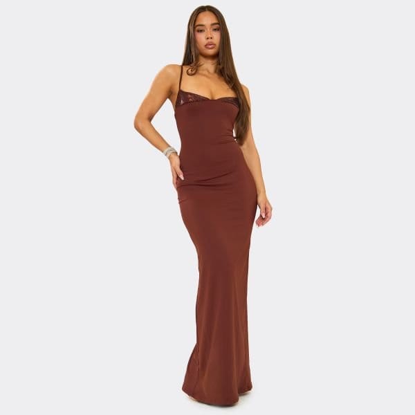 EGO Strappy Contrast Sequin Bust Detail Maxi Dress In Chocolate Brown, Women's Size UK Large L - 1