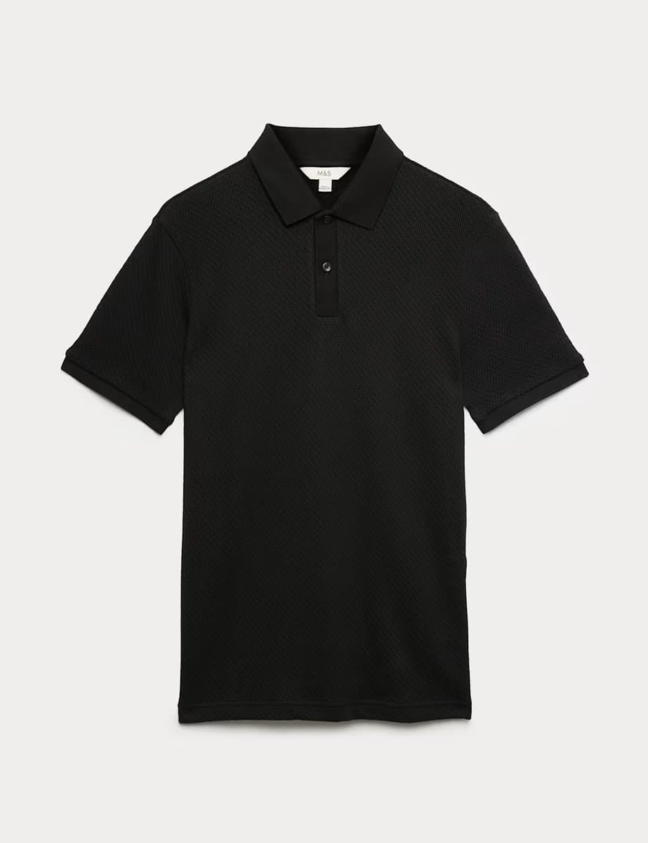 Marks & Spencer M&S Black Cotton Rich Textured Knitted Polo Shirt