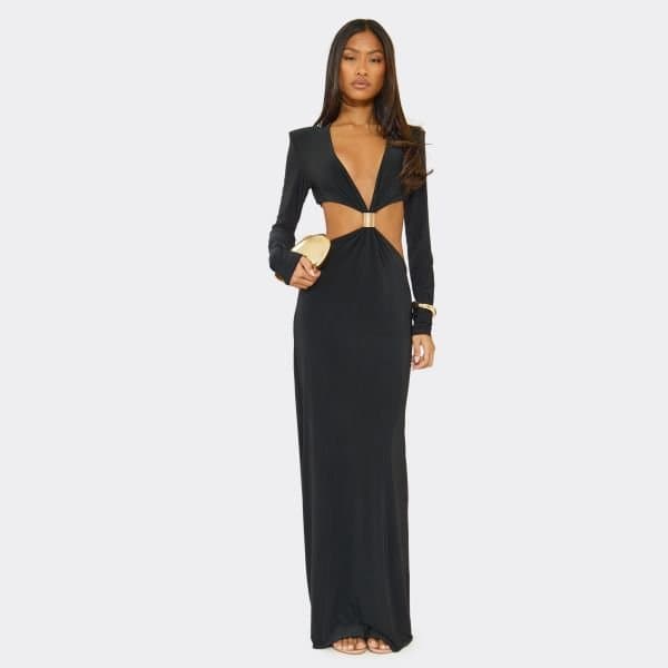 EGO Long Sleeve Shoulder Pad Cut Out Trim Detail Maxi Dress In Black, Women's Size UK 6