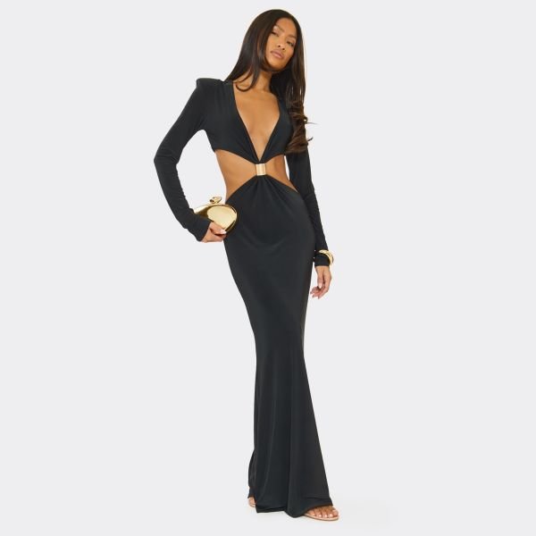 EGO Long Sleeve Shoulder Pad Cut Out Trim Detail Maxi Dress In Black, Women's Size UK 6 - 2