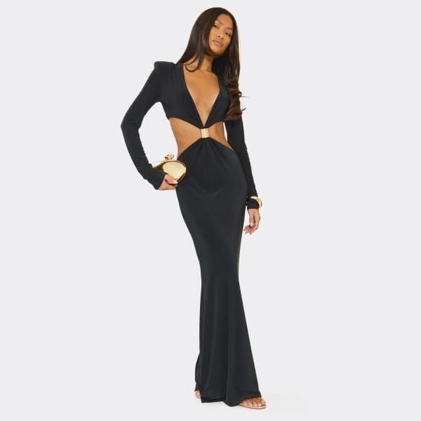 EGO Long Sleeve Shoulder Pad Cut Out Trim Detail Maxi Dress In Black, Women's Size UK 6 - 2
