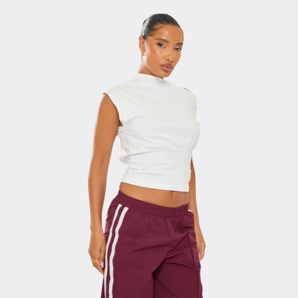 EGO Slash Neck Cinched Waist Detail T-Shirt In White, Women's Size UK 6 - 1