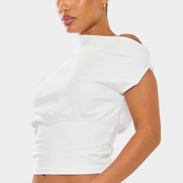EGO Slash Neck Cinched Waist Detail T-Shirt In White, Women's Size UK 6 - 2