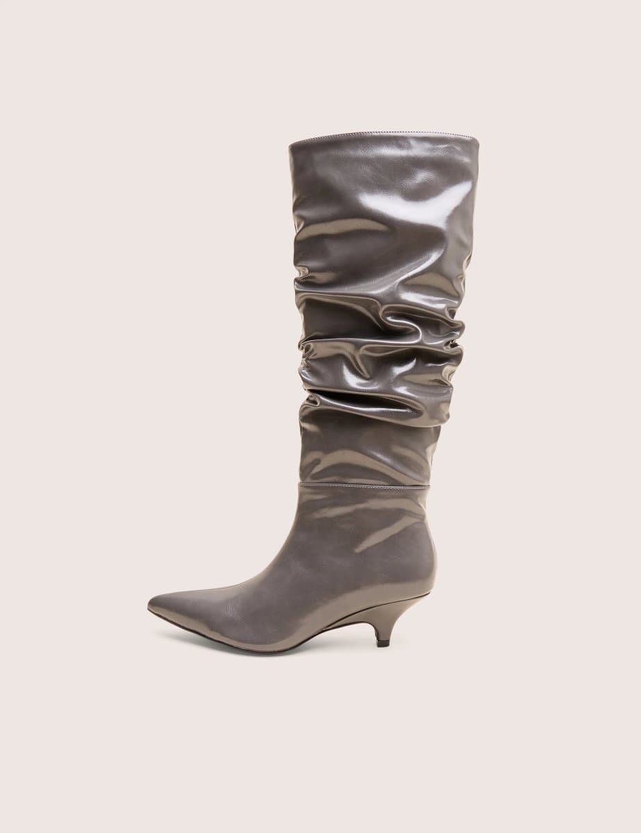 Public Desire La Dolce Vita Slate Grey Rouched Kitten Heel Knee High Boots