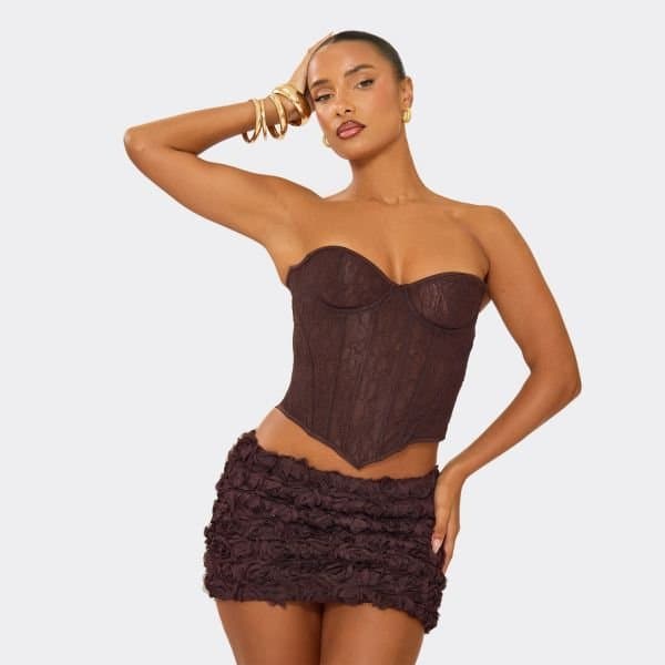 EGO Low Waist Bodycon Mini Skirt In Chocolate Brown Textured Floral, Women's Size UK 10