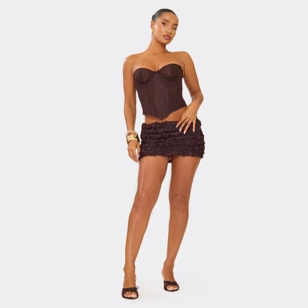 EGO Low Waist Bodycon Mini Skirt In Chocolate Brown Textured Floral, Women's Size UK 10 - 2