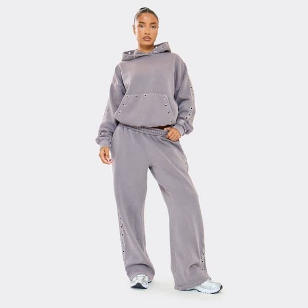 EGO Eyelet Detail Wide Leg Joggers In Washed Dusk Purple, Women's Size UK 6