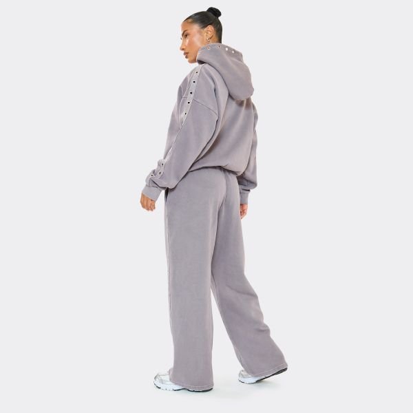 EGO Eyelet Detail Wide Leg Joggers In Washed Dusk Purple, Women's Size UK 6 - 2