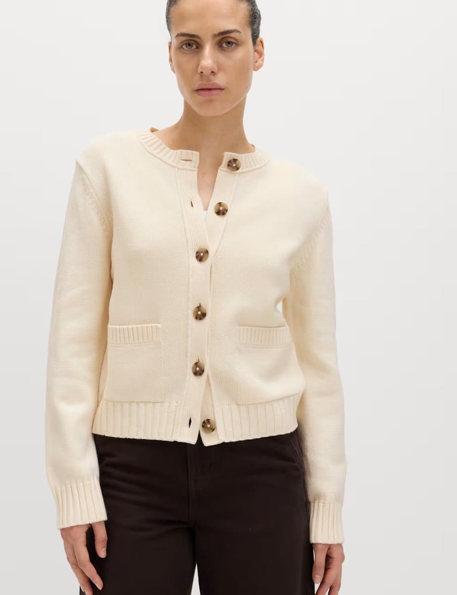 Marks & Spencer M&S Cotton Rich Crew Neck Button Front Cardigan Vanilla