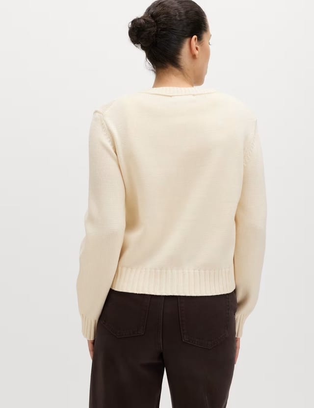 Marks & Spencer M&S Cotton Rich Crew Neck Button Front Cardigan Vanilla - 3