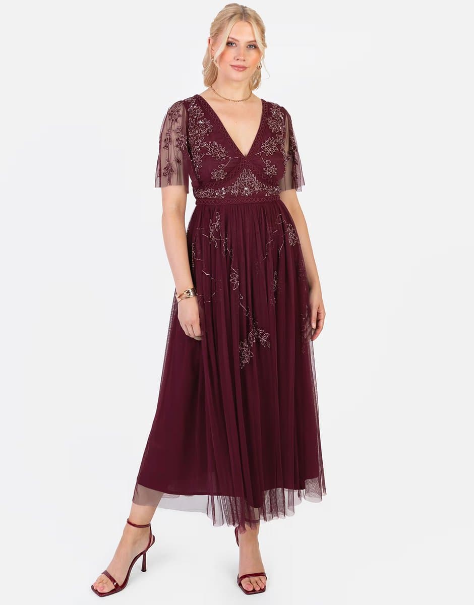 ASOS Maya Embellished short sleeve open back midaxi dress in cranberry