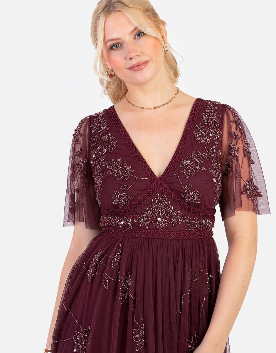 ASOS Maya Embellished short sleeve open back midaxi dress in cranberry - 2