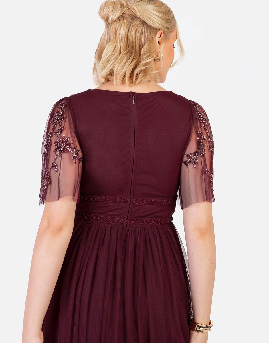 ASOS Maya Embellished short sleeve open back midaxi dress in cranberry - 3