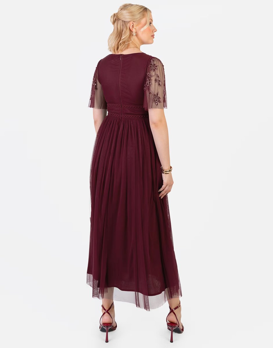 ASOS Maya Embellished short sleeve open back midaxi dress in cranberry - 4