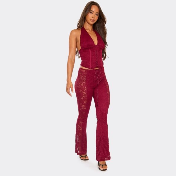 EGO Mid Rise Panelled Flared Trousers In Burgundy Lace, Women's Size UK 6 - 2
