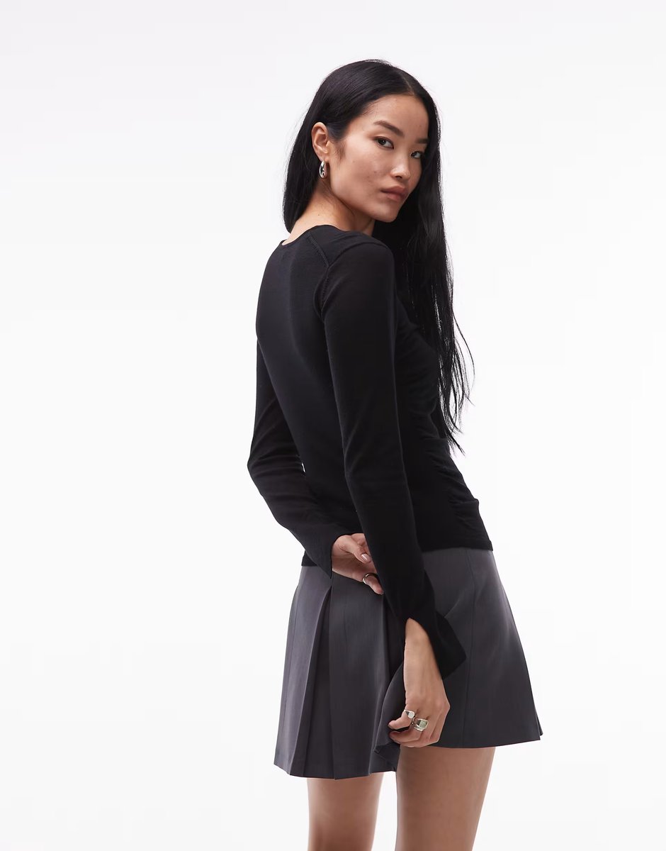 ASOS ARKET pure velvet ruched v-neck long sleeve top in black - 4