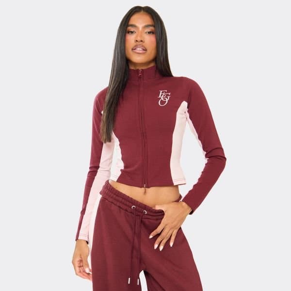 EGO EGO High Neck Zip Front Graphic Top in Burgundy